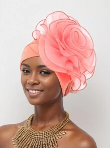 1pc Ladies' New European And American Fashion Comfortable & Elegant Large Flower Statement Cap With Heavy Work, Wrapped Headscarf/African Turban Hat Valentine's Day Valentines Sleep Bonnet - Organza Big Flower - View 15