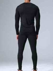 2 piezas Conjunto de ropa deportiva de compresión estilo novio, camiseta de capa base de manga larga para atletismo y mallas de gimnasio, conjunto de dos piezas estilo novio para hombre. - Negro - Ver 4