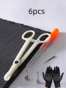 6pcs Belly Button Piercing Tool Kit, Including Round Mouth Piercing Locating Plier, One-Time 14G Piercing Needle, One-Time 14G Outer Diameter Drawing Needle,  Black Glove And 2 Navel Piercing Rings, Suitable For Beauty Personal Use - Multicolor - View 7