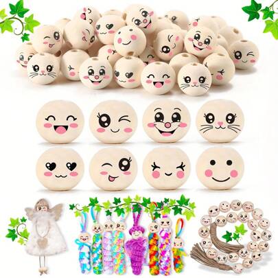 80pcs Wooden Smile Face Beads 20mm With Hole For DIY Crochet, Crafts, Keychain And Other Special Stringing Decor (Random Style)