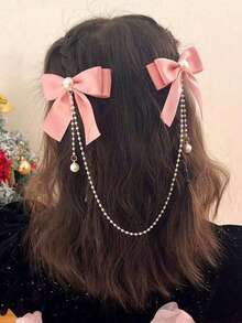 1 件女士时尚面料蝴蝶结和仿珍珠链装饰发夹，多色，波西米亚风格日常佩戴，适合派对、舞蹈、正式场合、户外聚会、旅行，是母亲节礼物的理想选择 - 多色 - 查看 8