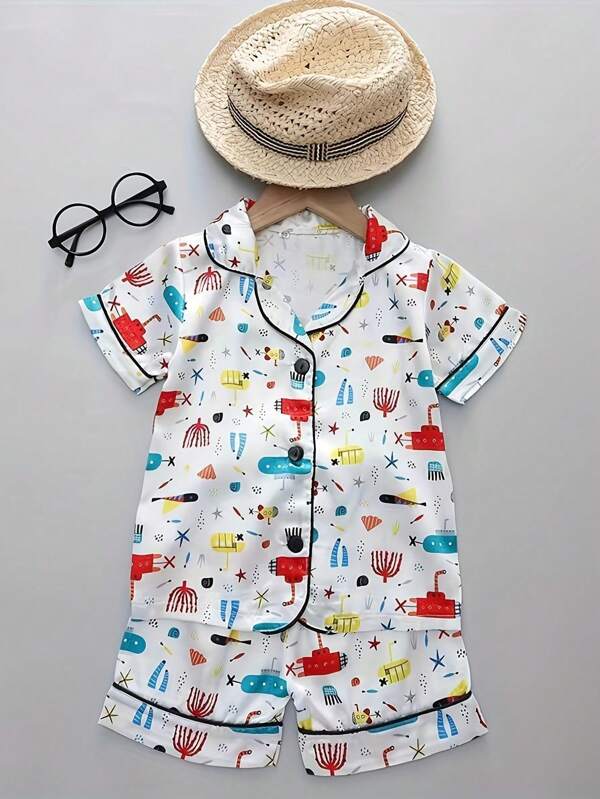 Kids' Skin-Friendly Rayon Submarine & Cartoon Print Polo Collar Short Sleeve Shorts Pajama Set