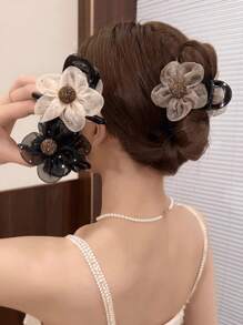 6pcs Elegant Sunflower Mesh Hair Clips, All-Match Hair Claws With High-End Feel - Black - View 1