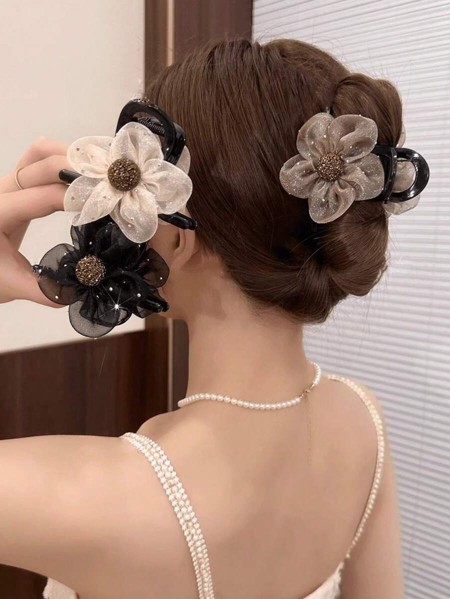 6pcs Elegant Sunflower Mesh Hair Clips, All-Match Hair Claws With High-End Feel - Black - View 1