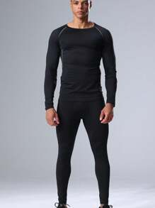 2pcs Boyfriend Style Men's Compression Running Suit Set, Long Sleeve Gym Baselayer Top And Tight Fitness Pants Set Boyfriend Style Men Two Pieces Outfits - Multicolor - View 1