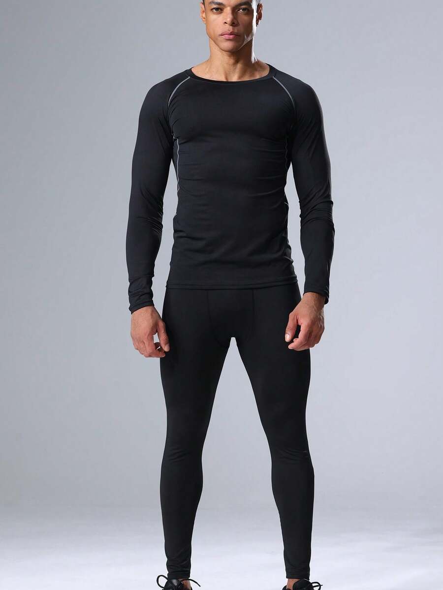 2pcs Boyfriend Style Men's Compression Running Suit Set, Long Sleeve Gym Baselayer Top And Tight Fitness Pants Set Boyfriend Style Men Two Pieces Outfits - Multicolor - View 1