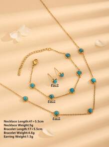 4pcs Vintage Style Elegant Round Turquoise Decor Stainless Steel Necklace, Beaded Bracelet, Pendant Necklace, Earrings 18K Gold Plated Fashion Jewelry Set, Suitable For Daily Wear - Jewelry Set - View 12
