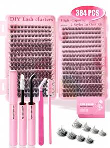 Kit de extensión de pestañas DIY con 384 piezas de racimos de pestañas individuales D Curl de 10-16 mm mezclados para una apariencia natural, sutil, densa y duradera, para uso de bricolaje en casa o en movimiento para la vida diaria, fiestas y festivales de música. Incluye pegamento, sellador y pinzas para principiantes.
