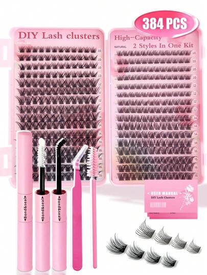 384PCS Individual Lash Clusters D Curl 10-16mm Mixed DIY Lash Clusters Natural Look&Wispy&Dense&Long-Lasting DIY Eyelash Extension Kit With Bond And Seal&Tweezers For Beginner Use At Home Or On-The-Go For Daily Life&Party&Music Festival Lash Clusters Kit,Lashes,Eyelashes,Fake Lashes