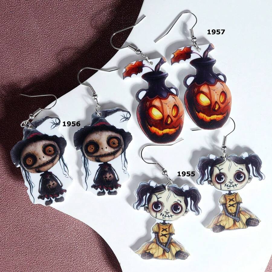 1pair Halloween Earrings, Horror Puppet Doll & Pumpkin Vase Design, Suitable For Women To Wear For Halloween Or Daily - Cartoon - View 1