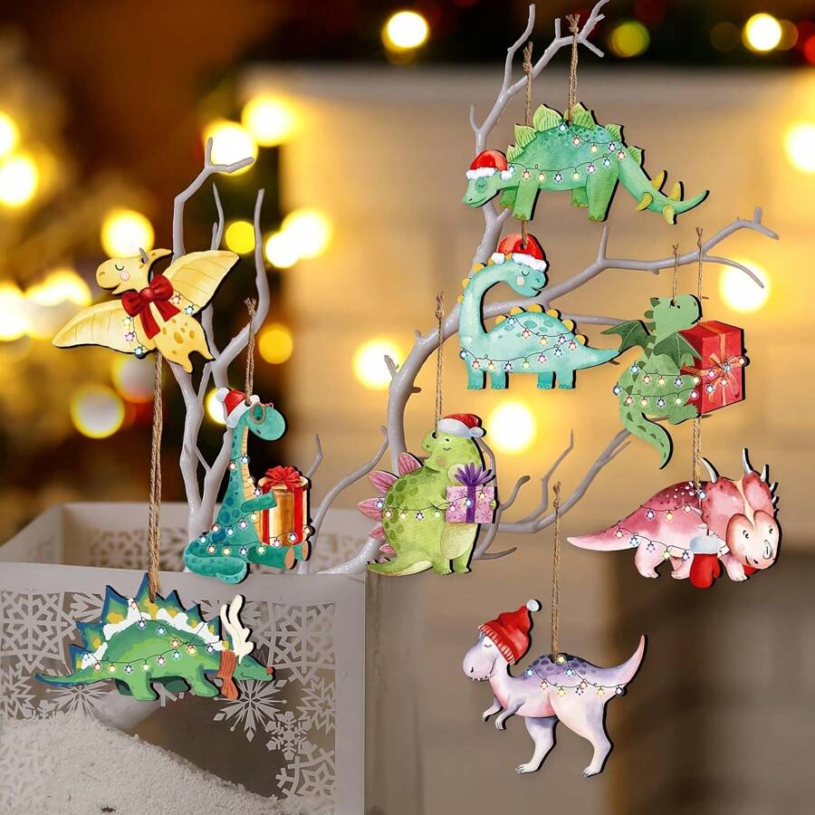 24 Piezas, Decoraciones navideñas de madera, árbol de Navidad Dinosaurio Gato Colgantes, Gato Negro y Dinosaurio Navideños de Madera, favores de fiesta de Navidad, decoraciones para Halloween y Acción de Gracias