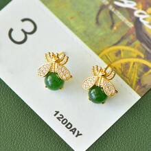 1 par de elegantes pendientes dorados con jade natural, pendientes de esmeralda con baño de oro resistente a alergias, pendientes decorativos de jade natural de estilo simple y retro, joyería exquisita para mujer, regalo de aniversario, cumpleaños o día de la madre para mujeres y madres, con caja de regalo exquisita. - F - Ver 4