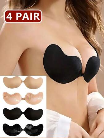 4pairs/Set (2pairs In Apricot & 2pairs In Black) Strapless Adhesive Bra Silicone Breast Petals, Sexy Push-Up Invisible Brassiere For Women, Suitable For Spaghetti Strap Dress & Wedding Gown, Add More Volume To Small Busts With Mango-Shaped Cups