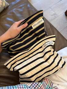 1PC Two Tone Striped Handbag, Simple Striped Travel Storage Bag, Striped Cosmetics Wallet, Large Capacity Striped Travel Makeup Bag: Perfect For Outdoor Beauty. For Fall Home Decor For Travel Storage Bag, Makeup Bag, Vacation And Festival Halloween Christmas Multifunctional Use, Boho Vibes, For Holiday Beach, Bathroom Collection, Bedroom Collection, Large Capacity - Black Rice Stripes - View 6