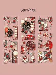 3pcs/Bag Stickers Scrapbook Supplies,Chinese Style Ancient Traditional Attic Lantern Stickers,PET Waterproof Material Hot Stamping Process,Decorative Notebook Photo Frame Phone Case Background Paper Garbage Magazine,Personalized Stickers,School Supplies,Christmas Gifts,Gifts For Women,Brain Rot,Scrap Book Supplies,Cute Stationery Stickers,Scrapbook Supplies