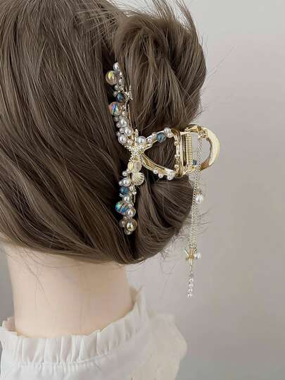 1 件女士贝壳和仿珍珠装饰时尚发夹，适合日常生活优雅爪夹发夹发夹发夹发夹发夹，学校用品，学院，珍珠发饰秋冬度假装女士