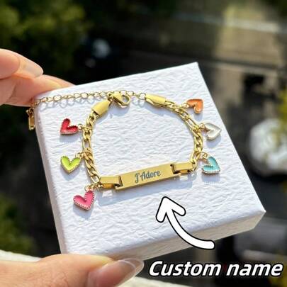 Customized Enamel Heart Pendant Laser Engraved Name Bracelet, Gift For Women & Girls