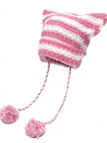 1 件装可爱黑白条纹猫耳针织帽女士秋冬 Y2K 带绒球针织帽万圣节 - 彩色 - 查看 14