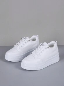 Outdoor Round Toe Elastic Casual Thick Sole  White Sneakers - White - View 3