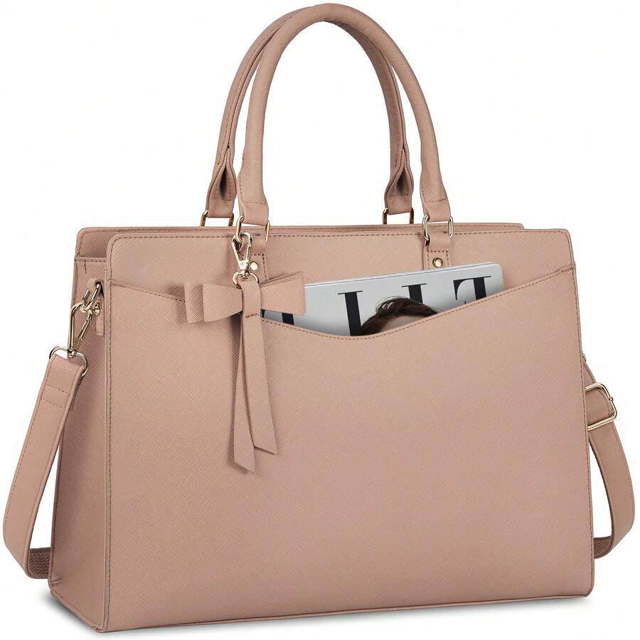 Laptop Bag For Women 15.6 Inch Leather Tote Bag Professional Business Office Work Bag Waterproof Briefcase Computer Tote Bag Large Capacity Lightweight Handbag Shoulder Bag - 卡其色 - 查看 1
