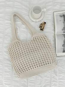 Bolso de compras tejido de gran capacidad, estilo minimalista y casual para mujeres, con diseño calado. Regalo del Día de la Madre para mamá. Bolso de gran capacidad para viajes, escuela, adolescentes, universitarias, vacaciones, playa. Bolso de hombro, bolso de mano, bolso escolar, portátil, plegable, casual, adecuado para adolescentes, mujeres, estudiantes universitarias, maestras, principiantes y trabajadores de oficina.