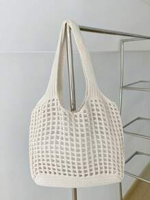 Bolso de compras tejido de gran capacidad, estilo minimalista y casual para mujeres, con diseño calado. Regalo del Día de la Madre para mamá. Bolso de gran capacidad para viajes, escuela, adolescentes, universitarias, vacaciones, playa. Bolso de hombro, bolso de mano, bolso escolar, portátil, plegable, casual, adecuado para adolescentes, mujeres, estudiantes universitarias, maestras, principiantes y trabajadores de oficina.