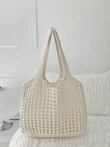Bolso de compras tejido de gran capacidad, estilo minimalista y casual para mujeres, con diseño calado. Regalo del Día de la Madre para mamá. Bolso de gran capacidad para viajes, escuela, adolescentes, universitarias, vacaciones, playa. Bolso de hombro, bolso de mano, bolso escolar, portátil, plegable, casual, adecuado para adolescentes, mujeres, estudiantes universitarias, maestras, principiantes y trabajadores de oficina.