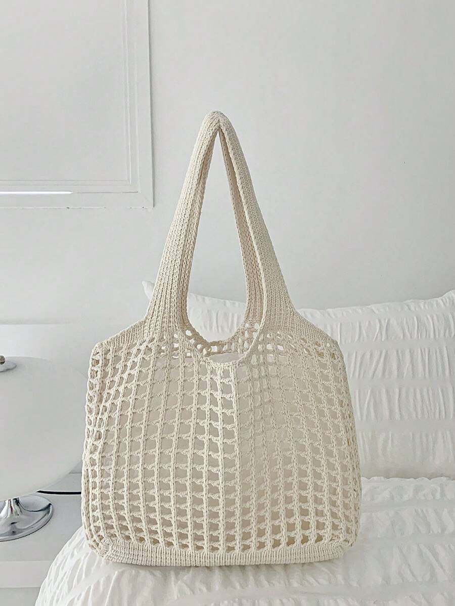 Bolso de compras tejido de gran capacidad, estilo minimalista y casual para mujeres, con diseño calado. Regalo del Día de la Madre para mamá. Bolso de gran capacidad para viajes, escuela, adolescentes, universitarias, vacaciones, playa. Bolso de hombro, bolso de mano, bolso escolar, portátil, plegable, casual, adecuado para adolescentes, mujeres, estudiantes universitarias, maestras, principiantes y trabajadores de oficina.