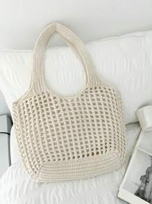Bolso de compras tejido de gran capacidad, estilo minimalista y casual para mujeres, con diseño calado. Regalo del Día de la Madre para mamá. Bolso de gran capacidad para viajes, escuela, adolescentes, universitarias, vacaciones, playa. Bolso de hombro, bolso de mano, bolso escolar, portátil, plegable, casual, adecuado para adolescentes, mujeres, estudiantes universitarias, maestras, principiantes y trabajadores de oficina.