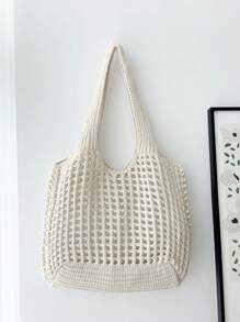 Bolso de compras tejido de gran capacidad, estilo minimalista y casual para mujeres, con diseño calado. Regalo del Día de la Madre para mamá. Bolso de gran capacidad para viajes, escuela, adolescentes, universitarias, vacaciones, playa. Bolso de hombro, bolso de mano, bolso escolar, portátil, plegable, casual, adecuado para adolescentes, mujeres, estudiantes universitarias, maestras, principiantes y trabajadores de oficina.