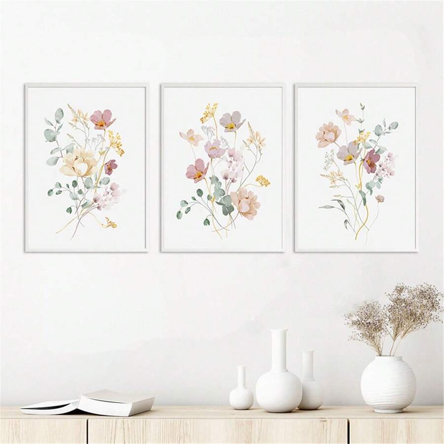 装饰性抽象水彩花卉、花蕾和叶子绘画,现代时尚风格,简约家居装饰墙艺术,客厅/卧室背景,礼物,无框架帆布印刷品 - 彩色 - 查看 1