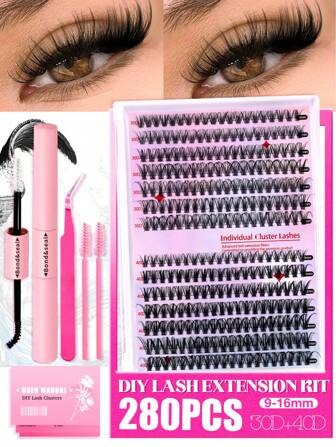 280 st individuella franskluster med naturligt utseende och spetsiga franskluster, 30D+40D, 2 stilar, blandade D-böjningar, 9-16 mm, gör-det-själv-ultralätta och supermjuka fransar, återanvändbara individuella ögonfransförlängningskit med sminkverktyg, ögonfranslim, bindning och försegling, pincett och 2 borstar, för nybörjare hemma eller på språng, för vardagsliv, fest, musikfestival och Halloween-franskluster, kit, fransar, ögonfransar, lösögonfransar