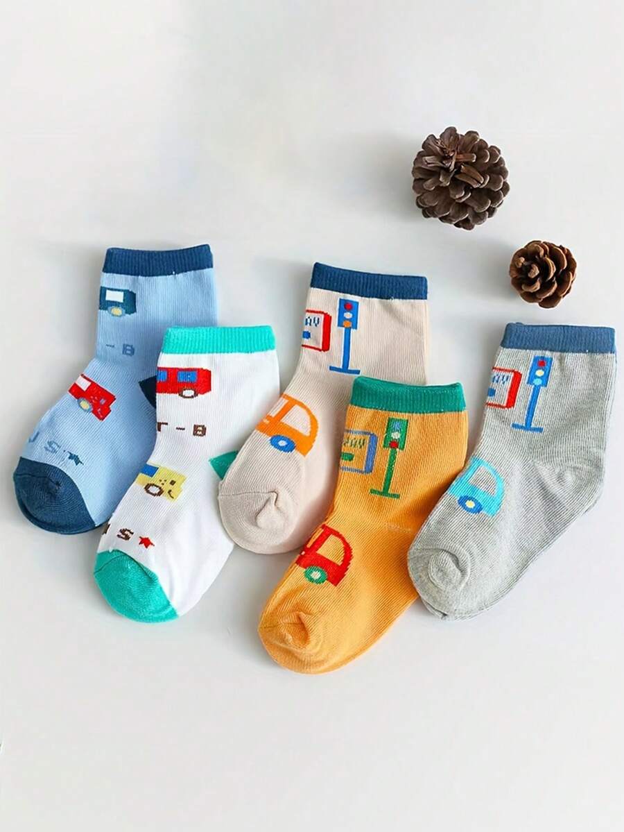 5 Pares de calcetines para niños con patrón de semáforo impreso con dibujos animados, adecuados para todas las estaciones, calcetines atléticos de unicolor para niños pequeños para estudiantes - Multicolor - Ver 1