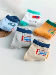 5 Pares de calcetines para niños con patrón de semáforo impreso con dibujos animados, adecuados para todas las estaciones, calcetines atléticos de unicolor para niños pequeños para estudiantes - Multicolor - Ver 5