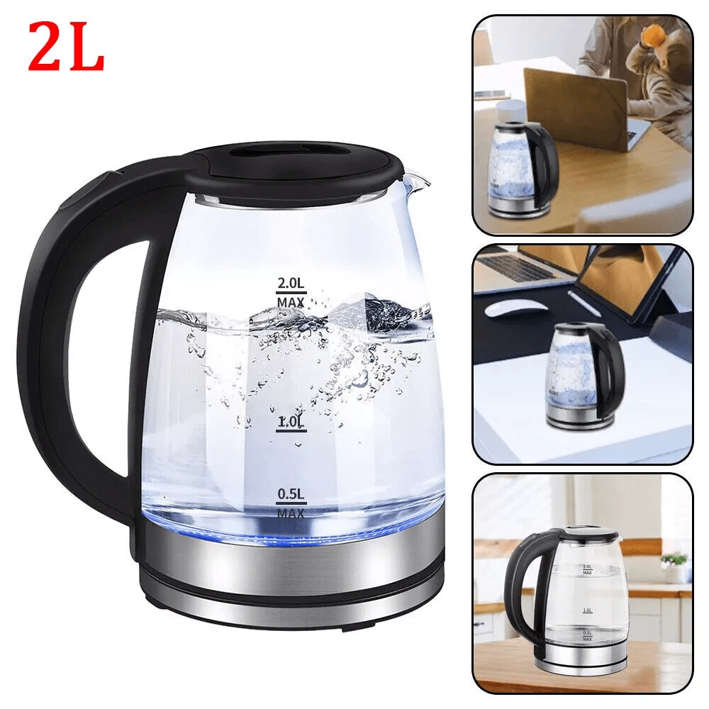 2L Electric Kettle Glass 360 Blue LED Illuminated Portable Jug Fast Heating - Black - View 1