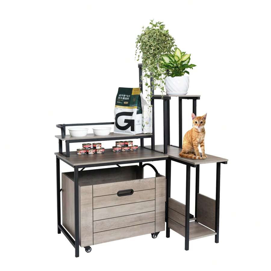 Mueble para cubrir la caja de arena del gato con estante para plantas, caja de arena de gato de madera de esquina, bandeja extraíble, estante para plantas con caja de arena escondida, mueble para cubrir la caja de arena con recoge arena, casa de gato para decoración exterior - Gris - Ver 1