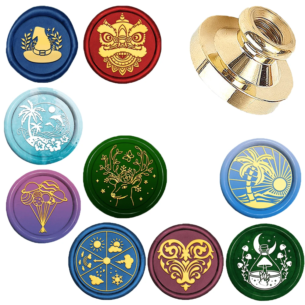 1 个 25 毫米圆形蜡封，配有可拆卸黄铜头、舞狮帽、气球、椰子树、瓶子和蘑菇，用于邀请函、万圣节礼品包装和贺卡。 - 金色 - 查看 1