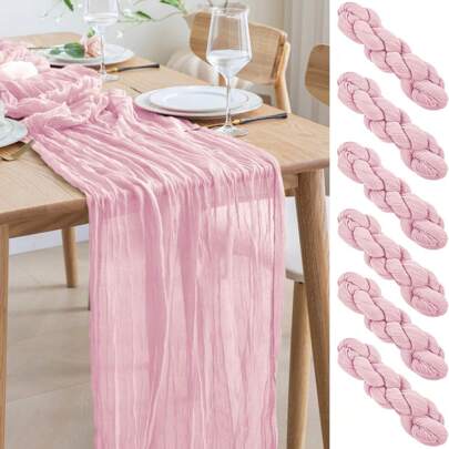 6pcs Pink Cheese Cloth Table Runners, Boho Sheer Table Runner, Transparent Tulle Tablecloth For Baby Shower, Wedding, Bridal, Birthday Party, Dining Table Decor