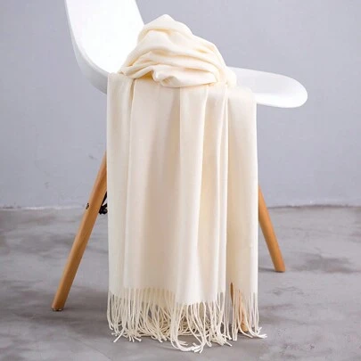 1pc Women White Ultra-Lightweight Soft Breathable Faux Cashmere Fringed Scarf, Multi-Use As A Long Scarf Or Air-Conditioning Shawl, Simple And Elegant, Suitable For Daily Use In All Seasons Winter Fall