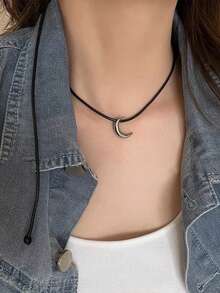 韓風可調式拉出式皮繩和鈦鋼新月形吊墜女士項鍊，頸圈，不褪色，情侶項鍊 - 月牙 - 查看 5