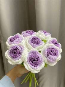 Crochet Flowers, 6PCS Fake Rose Artificial Flowers Handmade Knitted Rose Bouquet Crochet Flower Bouquet Table Centerpieces Valentine'S Day Gift For Women