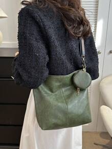 2026夏季新款时尚手提包、单肩包、托特包，高品质大容量通勤水桶包，女士款 - 綠色 - 查看 4