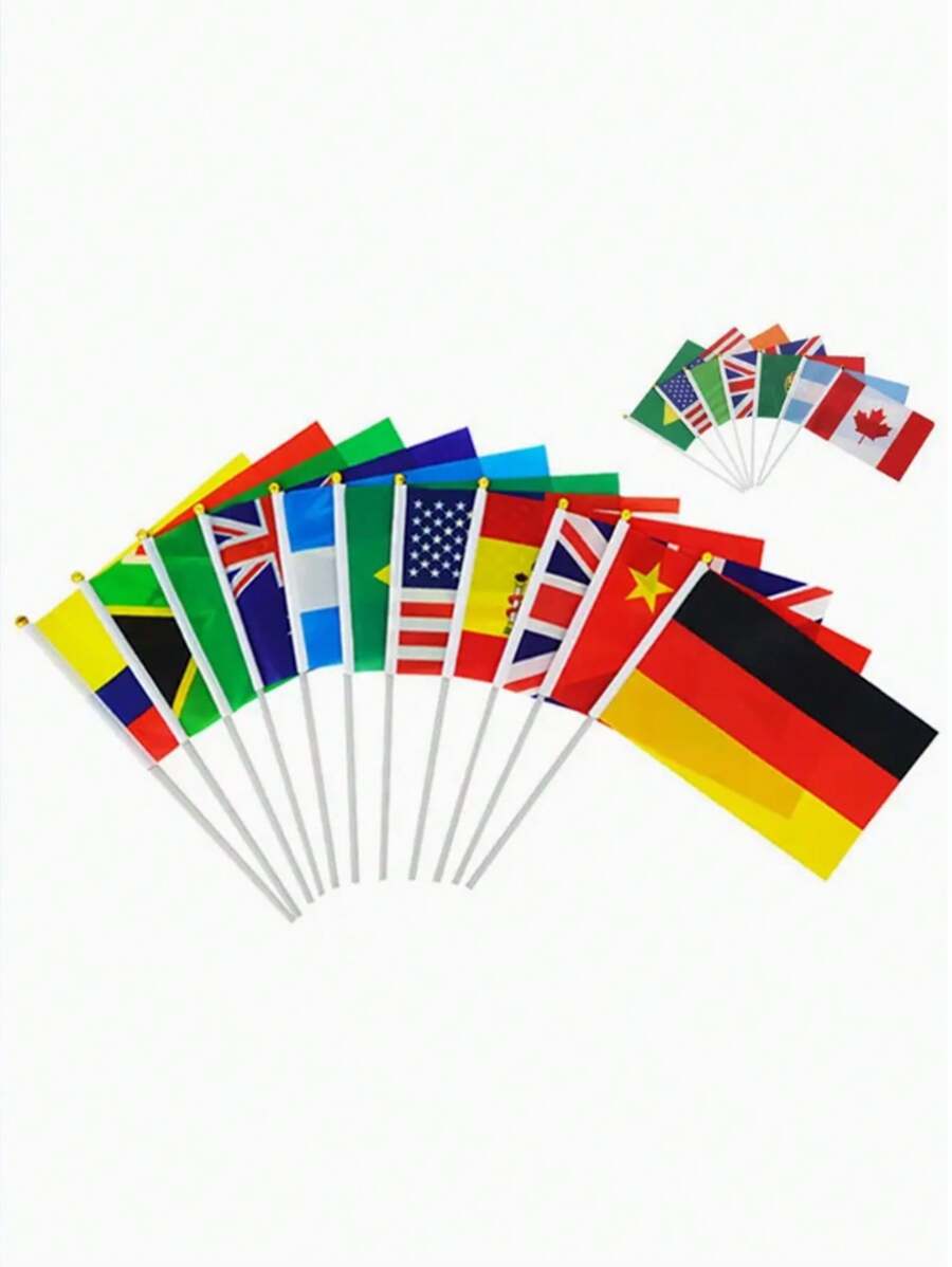 3pcs Multi-Country Hand Waving Flag, Hand Waving Flag, 14*21 Cm (5.51*8.27 In) Polyester Small Hand Waving Flag With Plastic Flagpole Trim - Multicolor - View 1