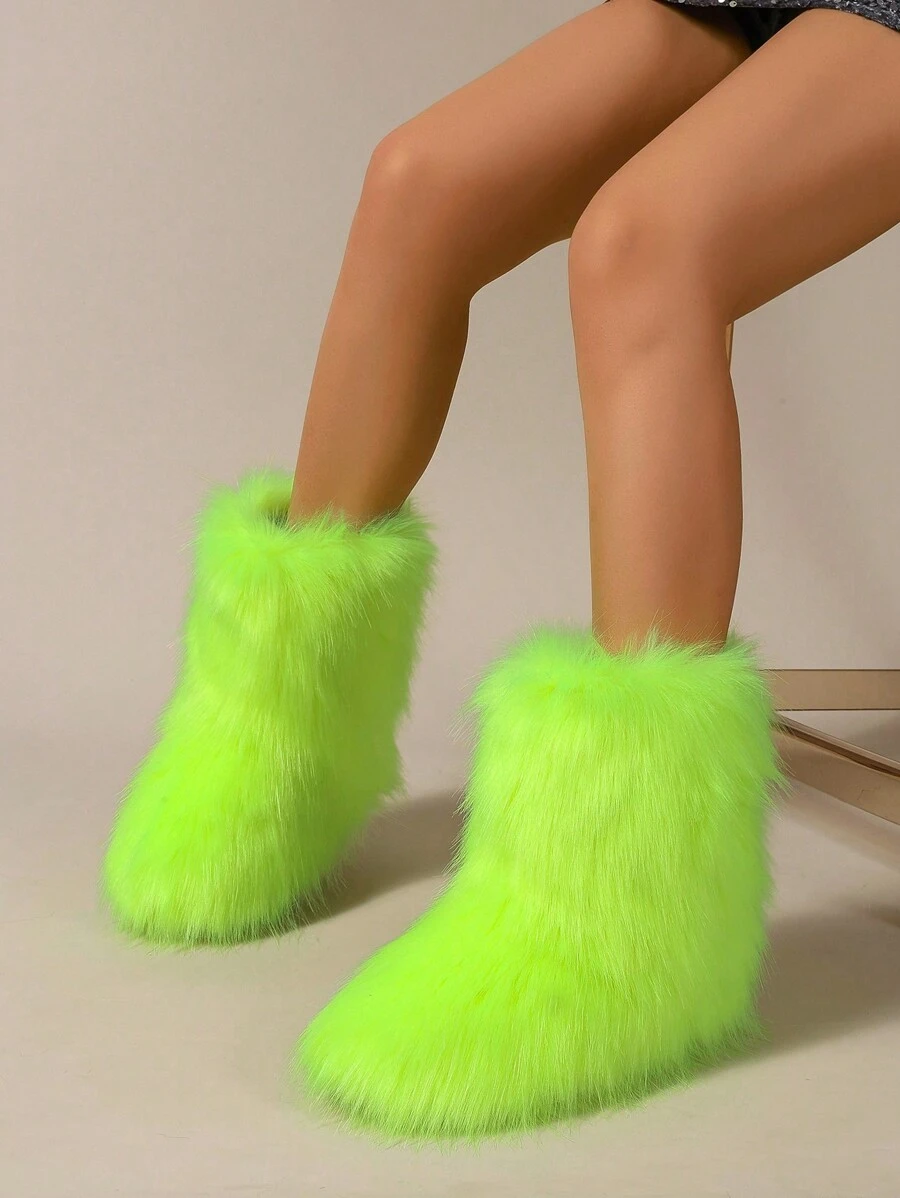 Women's Winter Boots, Fluffy Flat Snow Boots, Mint Green Boots