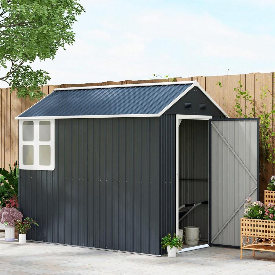 Outsunny Geräteschuppen Stahl, 4㎡ Gerätehaus mit Fenster abschließbarer Gartenschrank, 259 x 172 x 222 cm Gartenhaus für Balkon, Terrasse, Dunkelgrau - Dunkelgrau - Übersicht 1