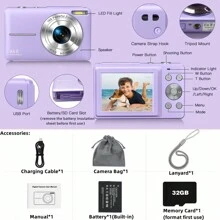 Cámara Digital, Cámara Compacta Fhd 1080p Con 44mp, Zoom De 16x Y Tarjeta Sd De 32gb, Cordón Y Cámara De Bolsillo Para Principiantes (morada)