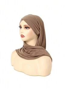 1入組新款穆斯林女士純色包頭巾水晶麻帽，單層十字花紋頭巾帽 - A - 查看 13