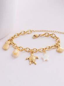 1pc Gold-Tone Stainless Steel Turtle, Shell, Pineapple, Natural Shell Starfish And Conch Pendant Chunky Chain Bracelet, Women's Ins Western Beach Style - Gold - View 7