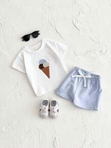 Conjunto de 2 piezas de camiseta de manga corta y pantalones cortos transpirables de parche de helado para niños y niñas, casual, de verano