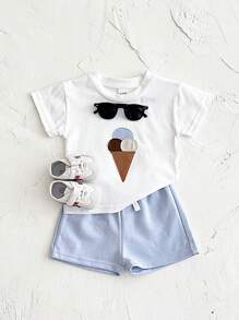Conjunto de 2 piezas de camiseta de manga corta y pantalones cortos transpirables de parche de helado para niños y niñas, casual, de verano